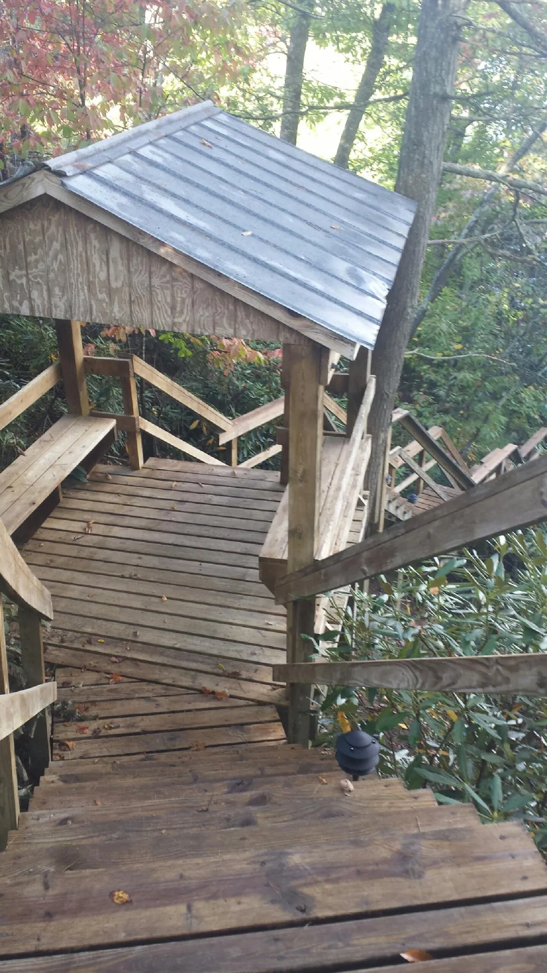 Metal roofed shelter over wooden steps on a wooded walkway — Skylight Repair & Installation work by our crew in Franklinville